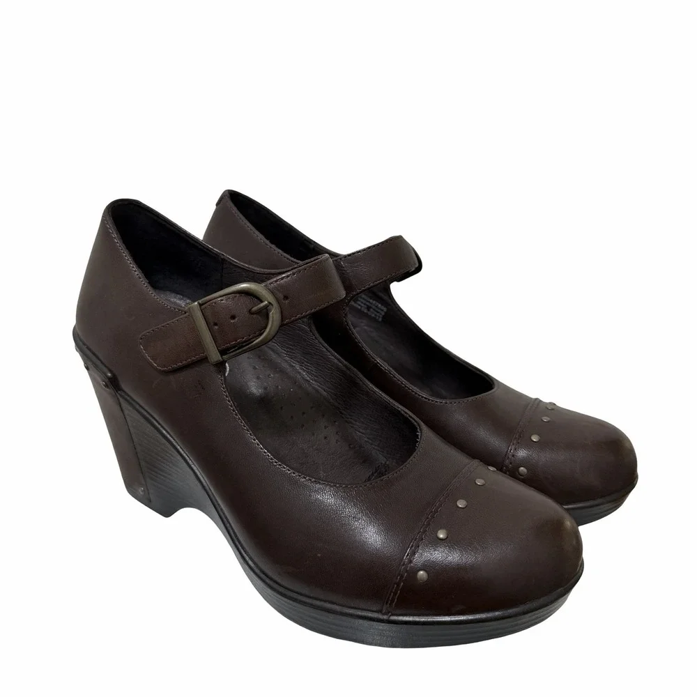Dansko Leather Mary Jane Platform Wedge Womens EU 38 US 7.5-8 Brown Studded Clog
